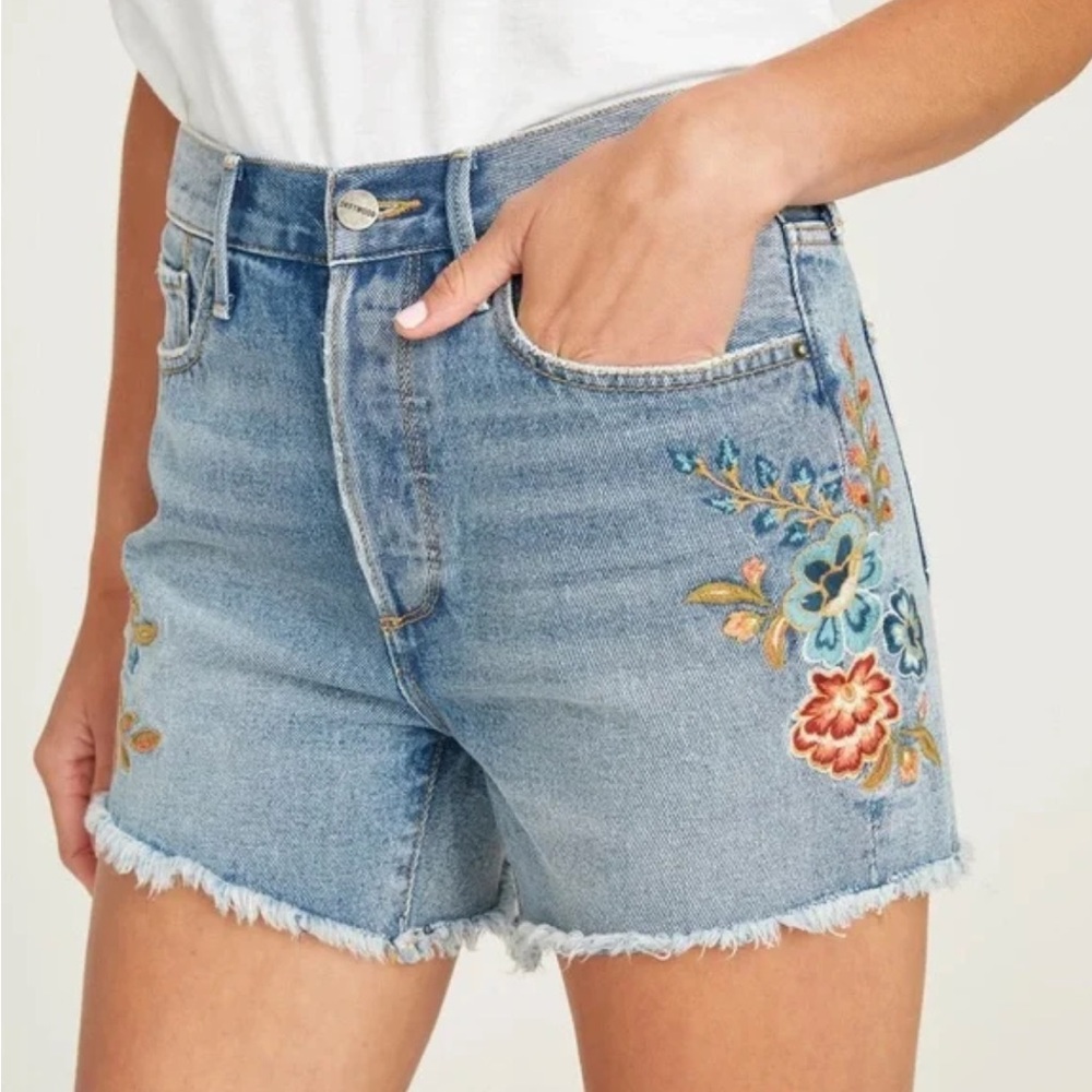 DRIFTWOOD Light Blue Embroidered Denim Jean Shorts